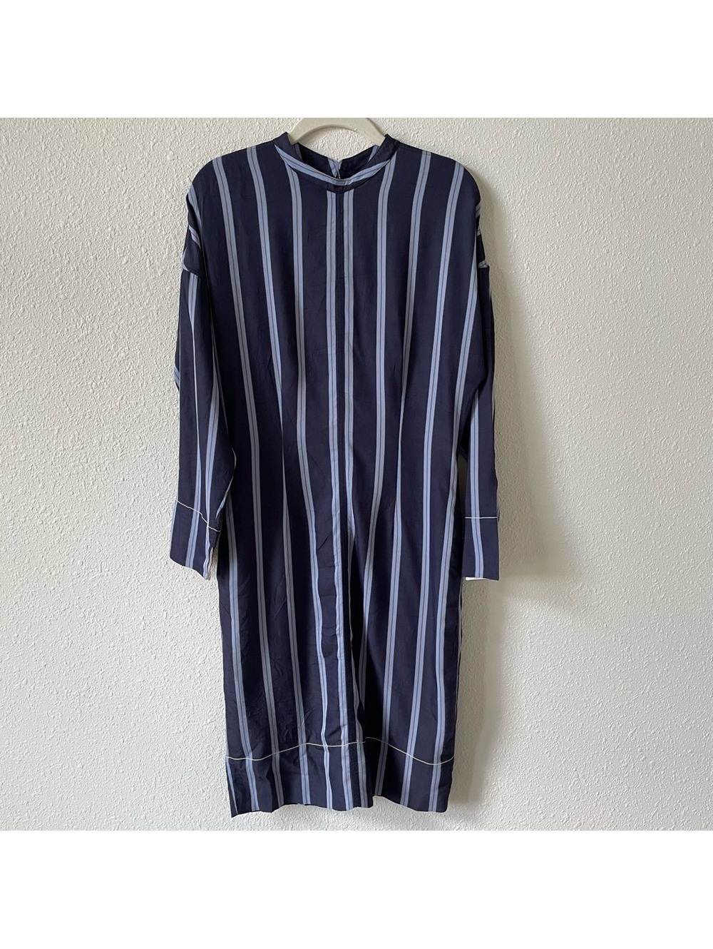 BASSIKE Striped Twill Dress Navy Blue Size 1 US 4 Silk Office Long Sleeve